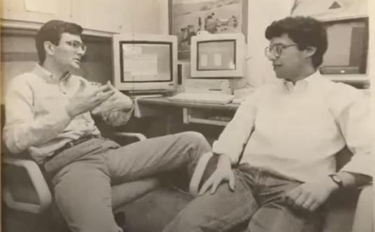 Stuart Haber 
            and W. Scott Stornetta, the first people to outline the idea of blockchain.